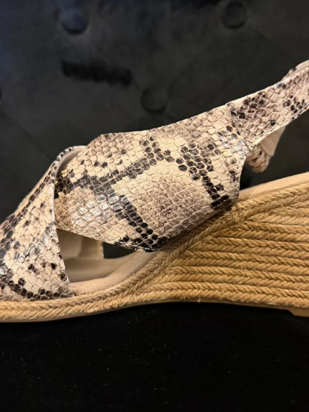 Clarks Lafley Aliane Wedge Taupe & Black Snake Print Veg Leather Sandal Sz 9 1/2